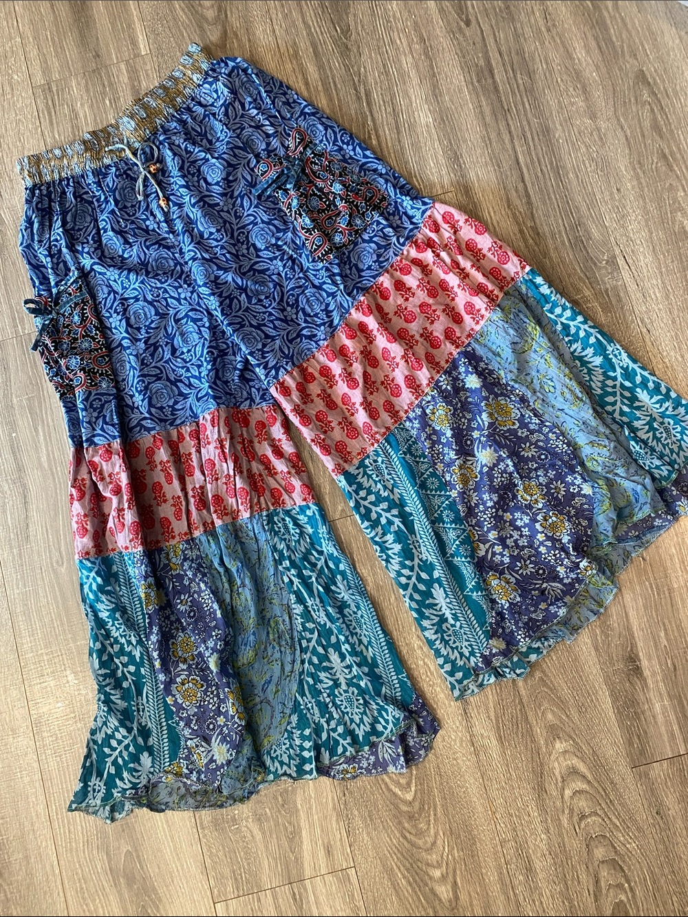 Boho Tiered Palazzo Pants in Blue, Pink, Teal Prints